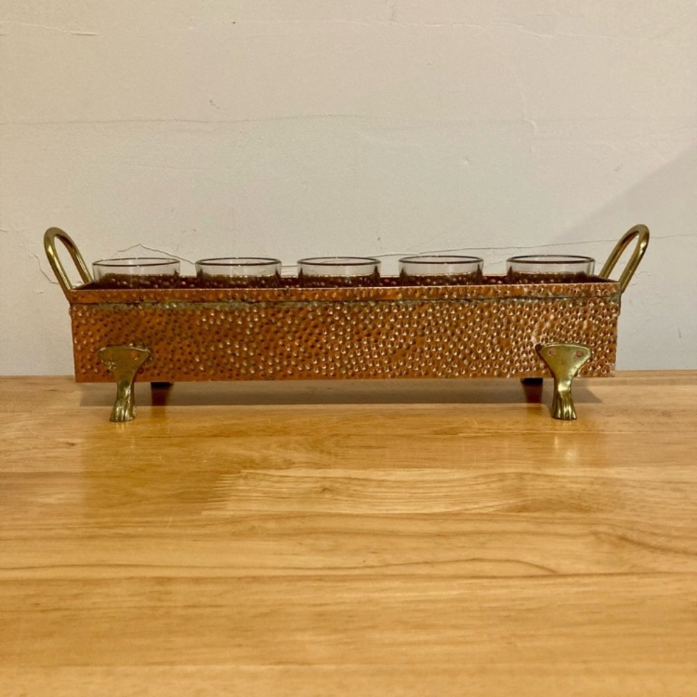 Hammered Metal Footed Container with 5 Glass Votive Holders Used Copper Colored - Picture 14 of 15